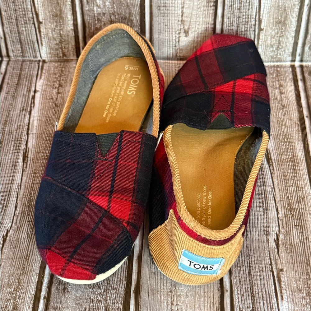 Toms Red and Black Plaid Canvas Slip-Ons